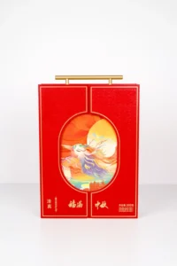 Custom Red Mid-Autumn Festival Gift Box with Wooden Handle and Art Print for Mooncake