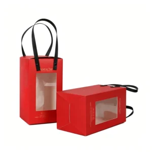 Custom Red Paper Gift Box with Clear PVC Window and Black Ribbon Handle, Recyclable Cardboard Packaging for Food, Bakery, and Candies