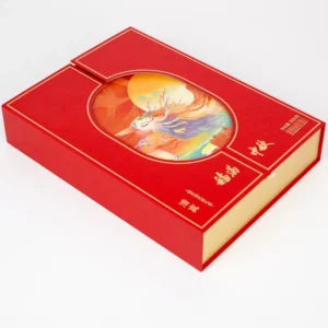 Custom Red Rigid Gift Box with Metal Top Handle and Phoenix Window Print for Festival Food Packaging