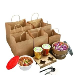 Custom Reusable Kraft Paper Bag with Handle for Fast Food Takeaway
