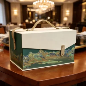 Custom Rigid Gift Box with PU Handle and Hard Paper Packaging for Food, Tea, Pastry, Hotel, and Corporate Souvenirs