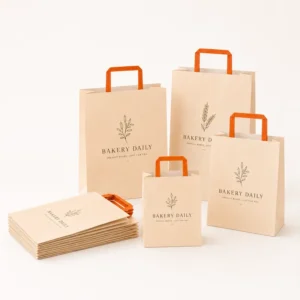 Custom Size Flat-Handle Brown Kraft Paper Bag, Custom Printed, for Pizza, Sushi, Catering, Bakery, Coffee, and Retail Packaging