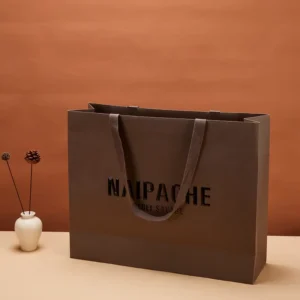 Custom Size Printed Debossed Logo Matte Brown Cardboard Gift Tote Bag with Ribbon Handles for Cosmetics