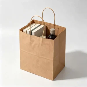 Custom Size Recycled Kraft Paper Gift Bag with Twisted Paper Handle, Low Migration Ink, and Food Grade Takeaway Design