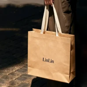 Custom Square Bottom Kraft Paper Shopping Bag With Card Logo and Minimalist Ribbon Handle