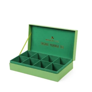 Custom Tea Bag Rigid Box with UV Coating, Embossing, Sponge Liner and Paper Divider Insert