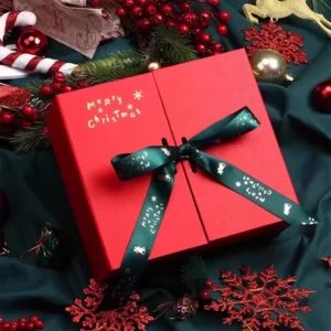 Custom Two-Open-Door Christmas Gift Paper Box with Ribbon and Magnetic Closure