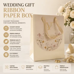 Custom Wedding Gift Paper Box with Ribbon Handle, Retail Packaging for Favors
