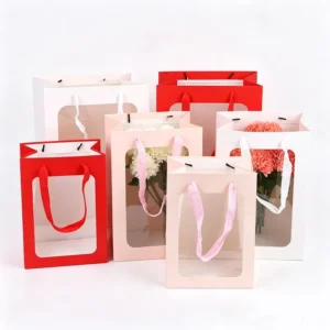 Custom White Card Paper Bag with PVC Window and Durable Handle for Flowers and Gift Packaging