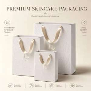 Custom White Card Paper Bags with Spot UV Varnish and Embossing for Perfume and Skincare Packaging