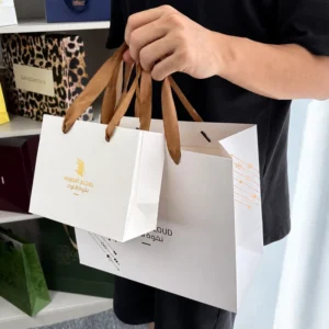 Custom White Card Paper Gift Bag with Gold Foil Printed Logo, Satin Ribbon Handles, Various Sizes
