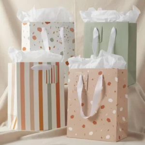 Custom White Card Paper Gift Bags Ribbon Handle Luxury Shopping Paper Bags for Birthday Wedding Boutique Packaging