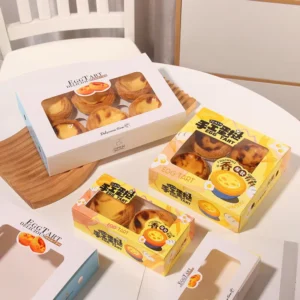 Custom White Kraft Paper Egg Tart Box Disposable 3.5cm Bakery Food Packaging Embossed PVC Window Folder Type