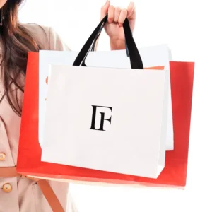 Custom White Kraft Paper Shopping Bag with Color Printing and Ribbon Handle