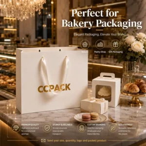 Custom White Matte Gold Hot Stamped Cardboard Paper Bags with Ribbon Handles for Bakery Boutique Jewelry Packaging