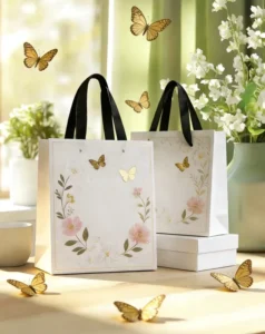 Custom White Paper Gift Bags with Pink Printing for Small Businesses