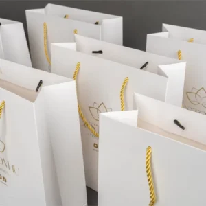 Custom White Paper Packaging Bags with Gold Foil Logo for Shoes, Clothing, Jewelry, Wine, and Cards