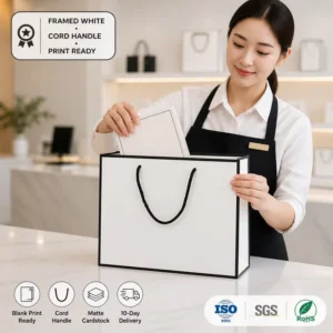 Custom White Paper Shopping Bag Black Trim Cord Handle Framed Minimalist Gift Bag Blank Matte Cardstock Boutique