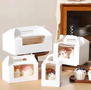 Custom White Recycled Cardboard Pastry Food Box with Handles