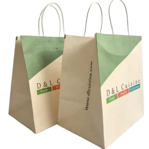 Custom White Recycled Kraft Paper Takeaway Bags with Rope Handles, Wide Bottom, Embossed Matte Lamination
