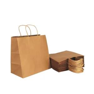 Customized Brown Kraft Paper Bags with Twisted Flat Handles and Custom Logo