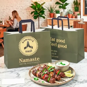 Customized Eco-Friendly Biodegradable Recyclable Disposable Kraft Paper Square Bottom Takeaway Bags Handles for Thai Restaurant