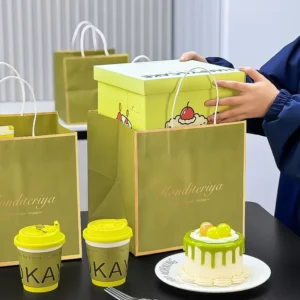 Customized Eco-Friendly Kraft Handle Paper Takeaway Packaging Tote Bag For Cake & Dessert With Your Own Logo