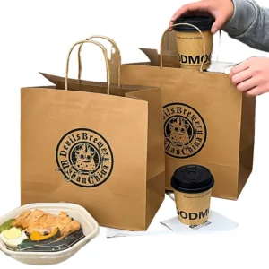 Customized Eco-Friendly Kraft Paper Restaurant Takeaway Bags with Flat Handles and Lamination