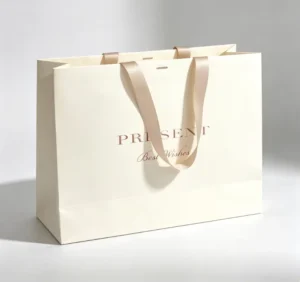 Customized White Card Paper Clothing Packaging Bag, 250g, Rose Gold Printed Logo, Ribbon Handle