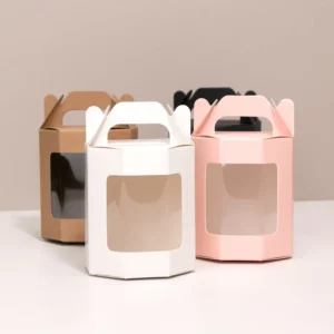 Customized White Cardboard Gift Box with Transparent Kraft Paper, PVC Window and Handle