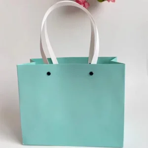 Cyan Matte Paper Tote Bag Rivet-Fixed Handle Reusable Gift Packaging Custom Logo