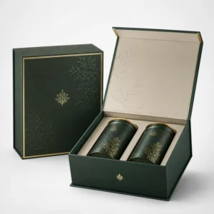 Dark Green 2mm Rigid Cardboard Book-Shaped Gift Box, 120gsm Faux Leather Paper, Gold Foil Leaf Embossing, Suede Lining, Tea Tin