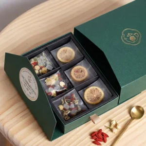 Dark Green Drawer Tea Paper Box with Gold Foil Stamping for Herbal and Fruit Tea Gift Packaging