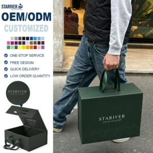 Dark Green Embossed Foldable Magnetic Gift Box Custom Logo Satin Ribbon Handle Rigid Paper Packaging for Apparel and Cosmetics