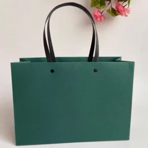 Dark Green Matte Paper Gift Bag with Matching Ribbon Handle, Reinforced Rivets, Shopping Tote, Custom Logo
