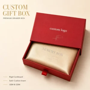 Deep Red Drawer Gift Box with Linen Texture, Champagne Gold Satin Cushion, and Ribbon Pull Tab