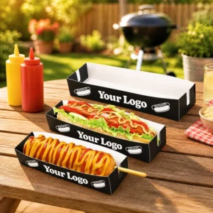 Disposable Biodegradable Hot Dog Waffle Paper Trays Custom Color Printed Eco Friendly Hamburger Burger Fries Takeaway Paper