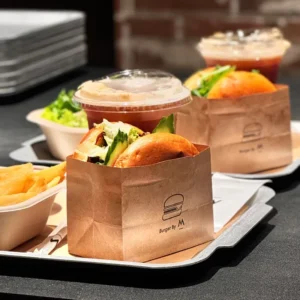 Disposable Brown Kraft Paper Bag with Handle, Custom Printed, Recyclable, for Fast Food Takeout and Restaurant Delivery