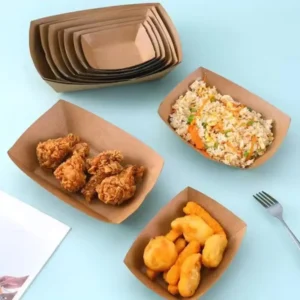 Disposable Brown Kraft Paper Rectangle Food Tray with Glossy Lamination for Sushi and Nachos