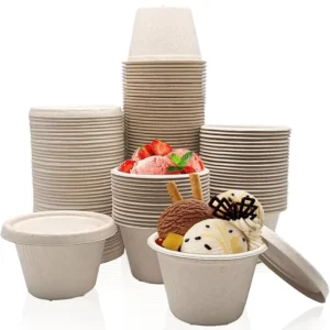 Disposable Compostable 4 Oz Bagasse Fiber Condiment Cups with Lids for Souffle Snacks