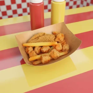 Disposable Compostable Kraft Paper Leakproof Boat-Shaped Food Tray for French Fries