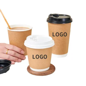 Disposable Custom Logo Double Wall Kraft Paper Coffee Cup with Lid