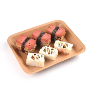 Disposable Eco Friendly Kraft Paper Food Tray Oil and Waterproof Fast Food Tray with Matt Lamination and Embossing for Sushi