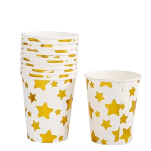 Disposable Gold Foil Cold Drink Paper Cups with Star Print, 9 Ounce (250ML)