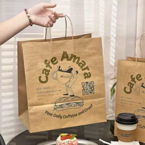 Disposable Kraft Paper Bag for Takeout Designed to Hold Coffee and Juice Beverages with Customized Hand held Packaging