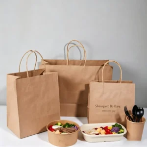 Disposable Kraft Paper Bags with Handles Custom Printed Takeaway Bags for Bakery Restaurant Food Packaging & Shopping