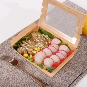 Disposable Kraft Paper Biodegradable Corrugated Lunch Box with Window for Takeaway Food