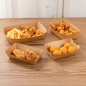 Disposable Kraft Paper Boat Box and Food Holder for Party Snacks and Takeout Packaging