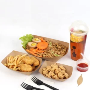 Disposable Kraft Paper Boat-Shaped Food Serving Tray for Snacks, French Fries, Chicken, and Salad