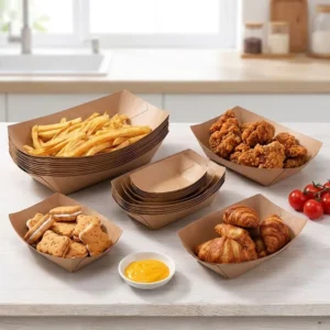 Disposable Kraft Paper Food Tray Greaseproof Packaging for Pizza Salad Sushi Snacks Boat Shape